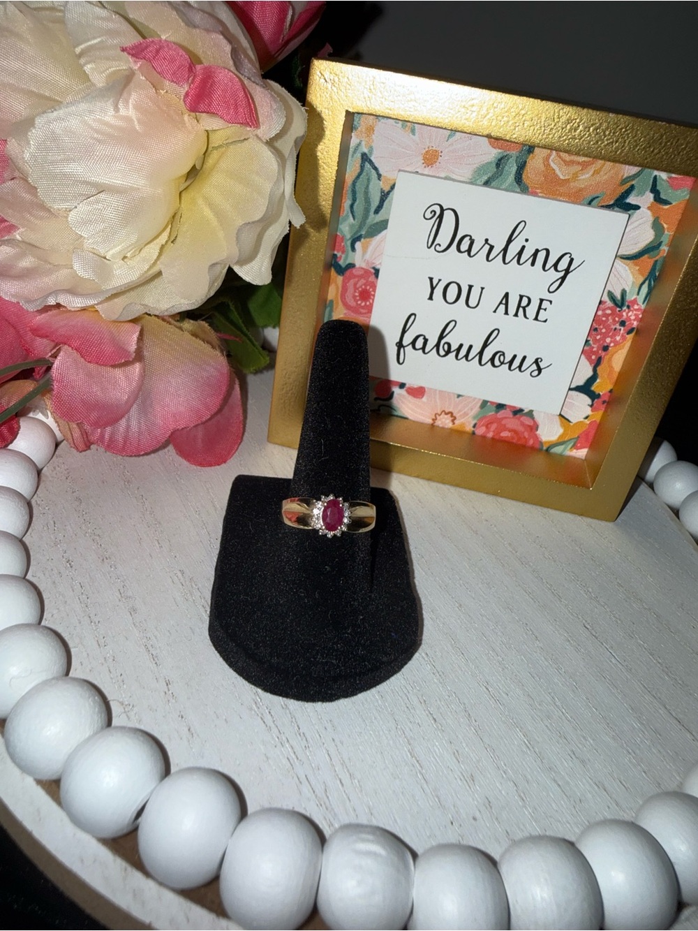 14K Yellow Gold Ruby & Diamond Halo Ring Size 7 2.63g Estate Fine Jewelry